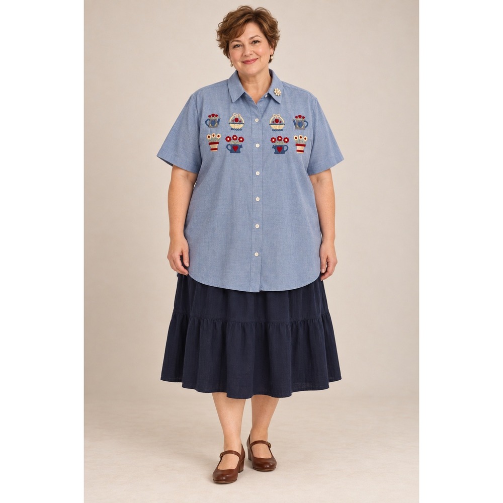 Boho Grandmacore Y2K Blue Embroidered Floral Short Sleeve Button Down 18W Shirt